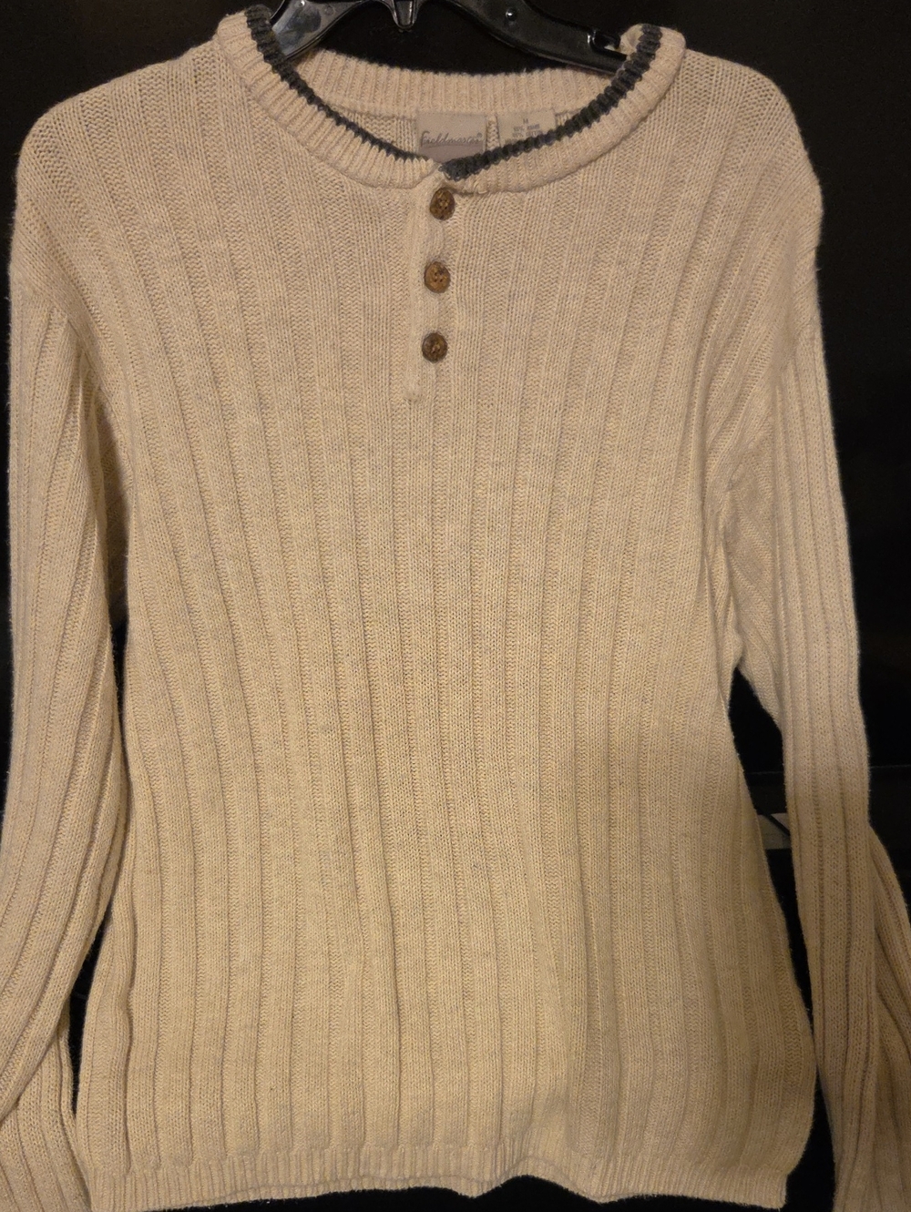 Ribbed Crewneck Sweater with Button Placket - Cream